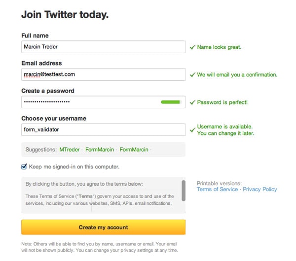 Twitter Form Validation Confirmation Message UI Design Pattern